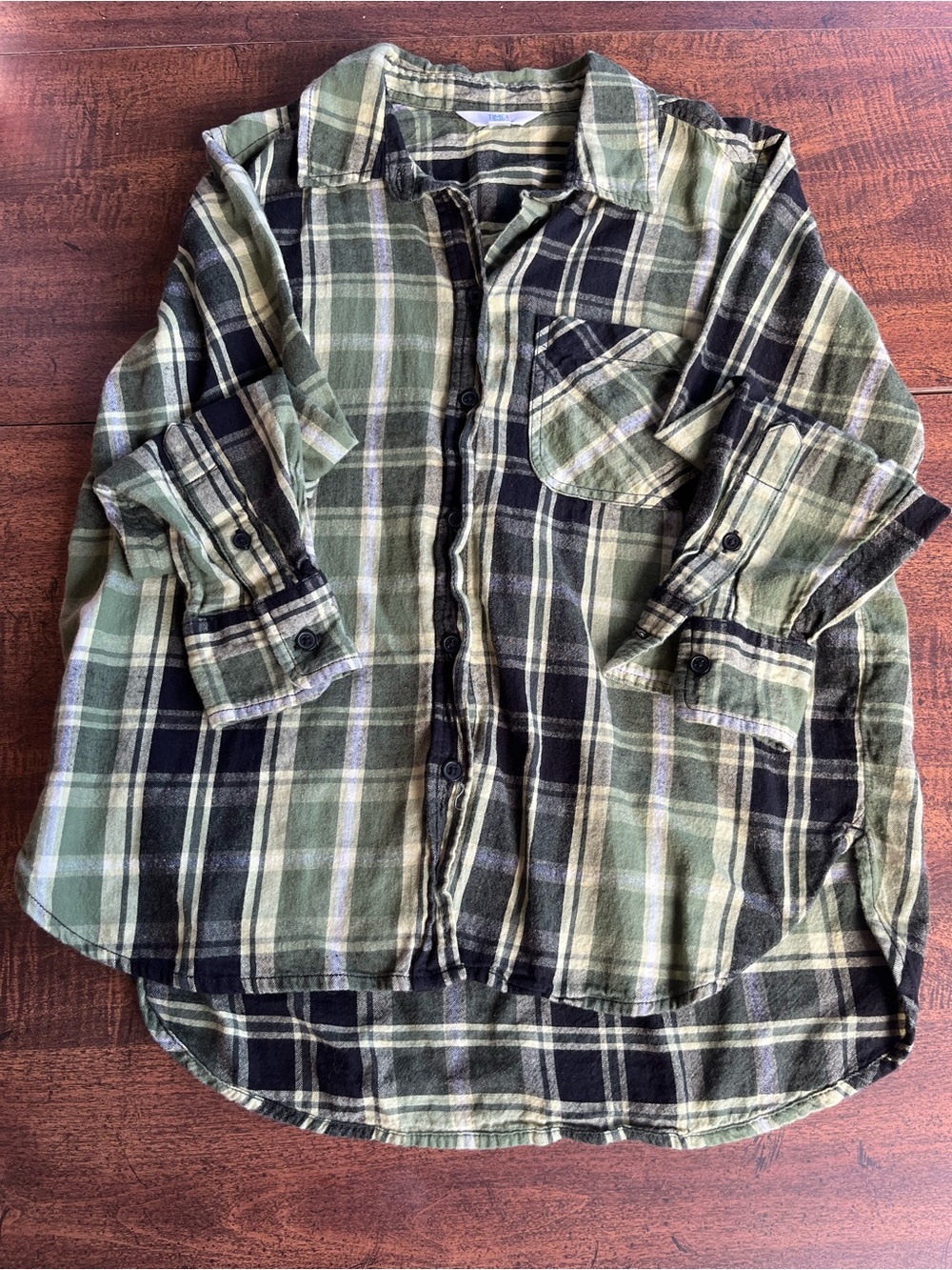 Time and Tru Women’s Small Green Black 
Plaid Flannel Shirt Cotton India Grunge